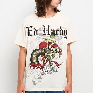 NWT Ed Hardy 'Death Before Dishonor' Stabby Snake Rhinestone Tee White Y2k M